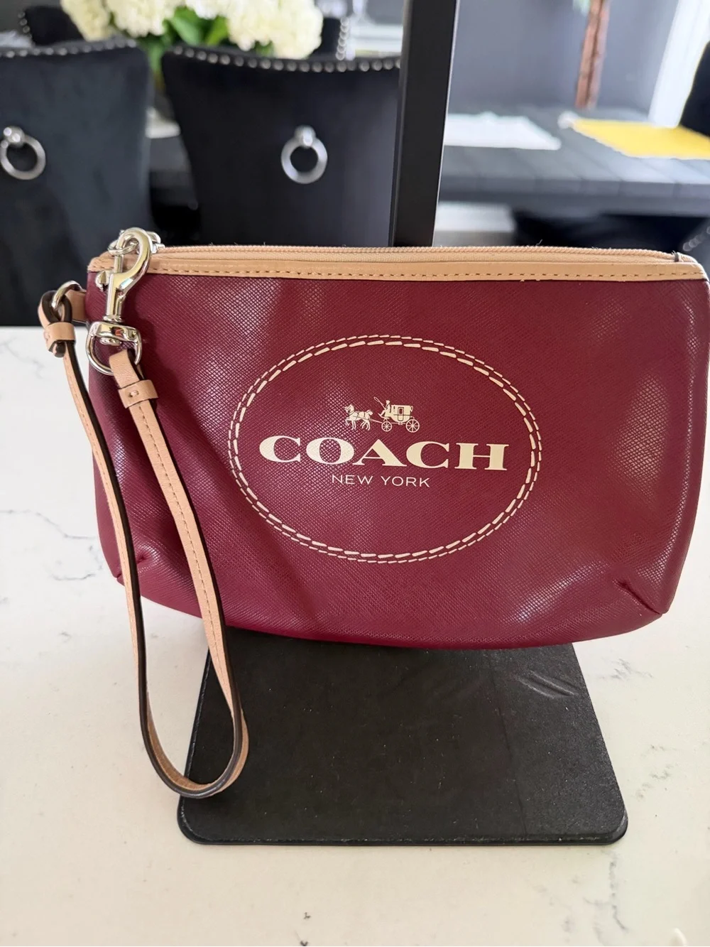 Coach Wristlet in Maroon with Tan Trim